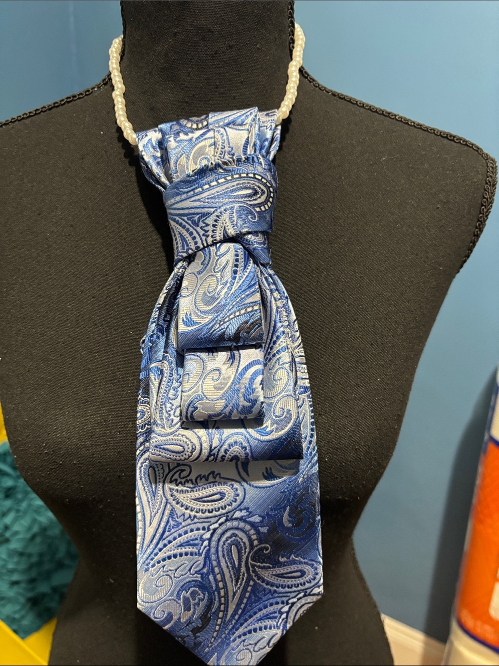 Paisley Blue Silk Tie with Pearl  Necklace